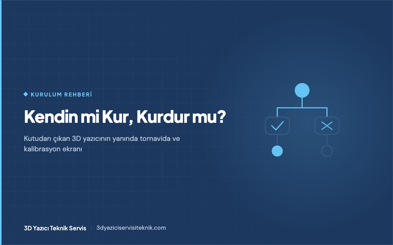3D yazıcı blog kapağı: kendiniz mi kurmalı kurdurmalı mı — açık kutudan çıkmış yazıcı ve tornavida motifi
