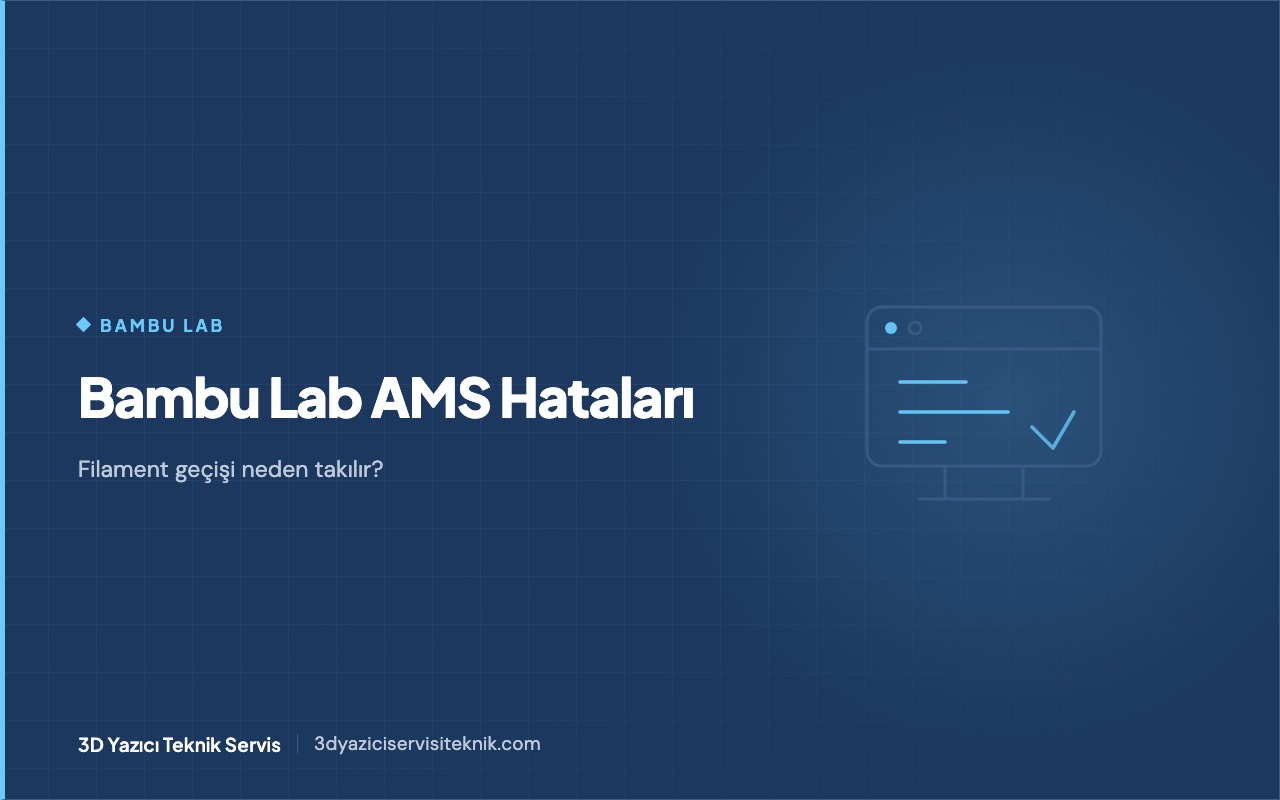 3D yazıcı blog kapağı: Bambu Lab AMS filament geçiş hataları — ekran ve hata kodu satırları şeması