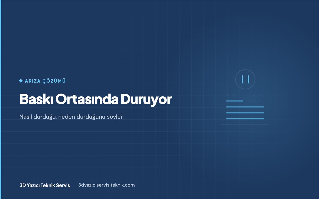 Yarıda kalmış 3D baskı — katman yığını ve duraklama simgesi şeması