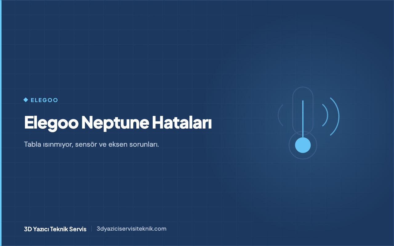 3D yazıcı blog kapağı: Elegoo Neptune tabla, sensör ve eksen hataları — termometre ve uyarı dalgası şeması