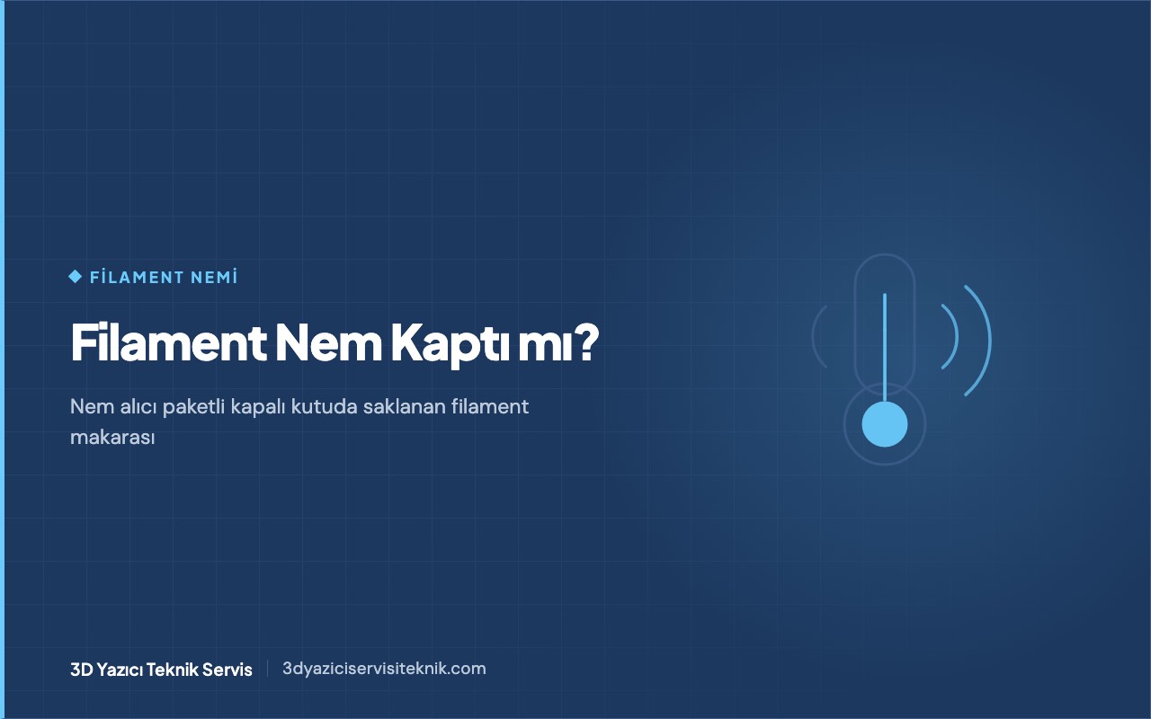 3D yazıcı blog kapağı: filament nem kaptı mı — nem alıcı paketli kapalı saklama kutusu içinde filament makarası