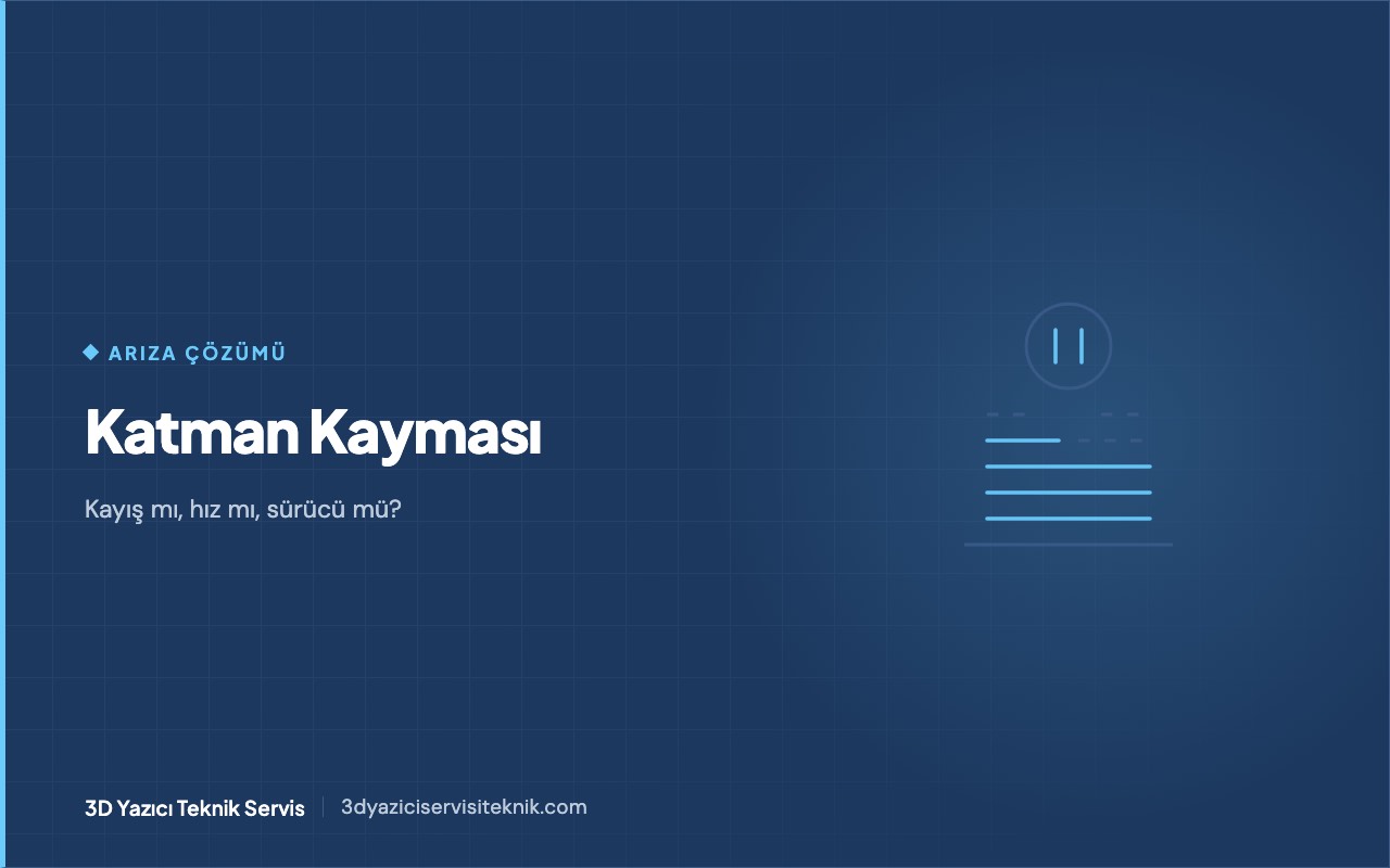 3D yazıcı blog kapağı: Katman kayması (layer shift) — katman yığını ve duraklama simgesi şeması