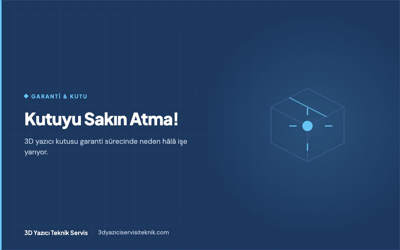 3D yazıcı blog kapağı: kutuyu saklama ve garanti — açık karton kutu, köpük ayraçlar ve içinde duran 3D yazıcı motifi