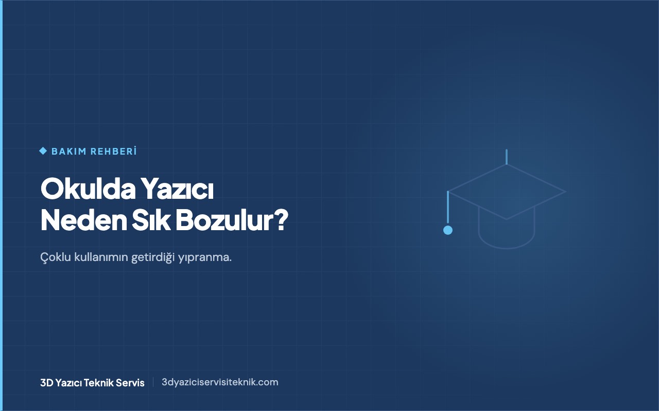 Okul ve STEM atölyesinde çoklu öğrenci kullanımının 3D yazıcıda yarattığı yıpranma temsili kapak görseli — mezuniyet kepi sembolü